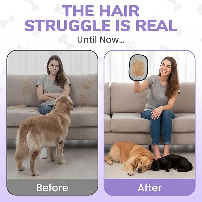 Pet Hair Removal Glove for Cats and Dogs, Electrostatic Magic Brush Pet Hair Remover for Dog Couch, Available in Blue, Purple, Pink, Brown- Perfect for Pet Owners (Purple)
