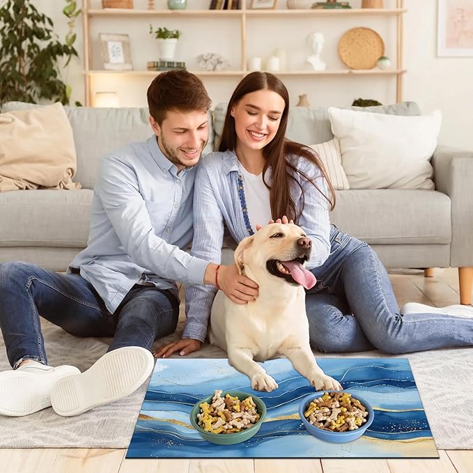Marble Dog Food Mat for Floors Absorbent, Quick Dry Water Dispenser Mat for Food, Water, Pet Supplies 17" x 30", Blue Gold Abstract