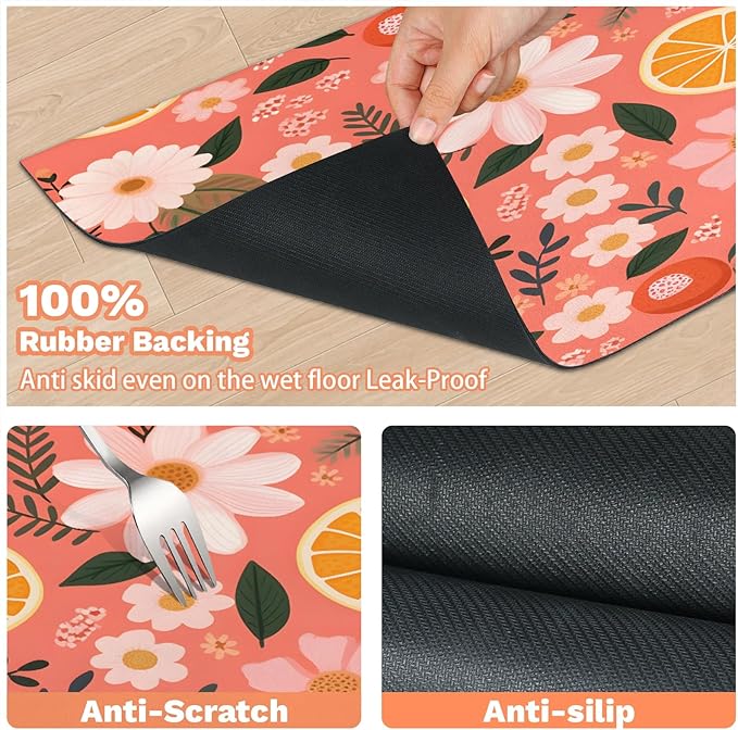 Orange Fruit Dog Food Mat for Floors Absorbent Dog Bowl Mat for Food and Water Dispenser Quick Dry Cat Food Placemat Pet Supplies 12" x 20", Flower