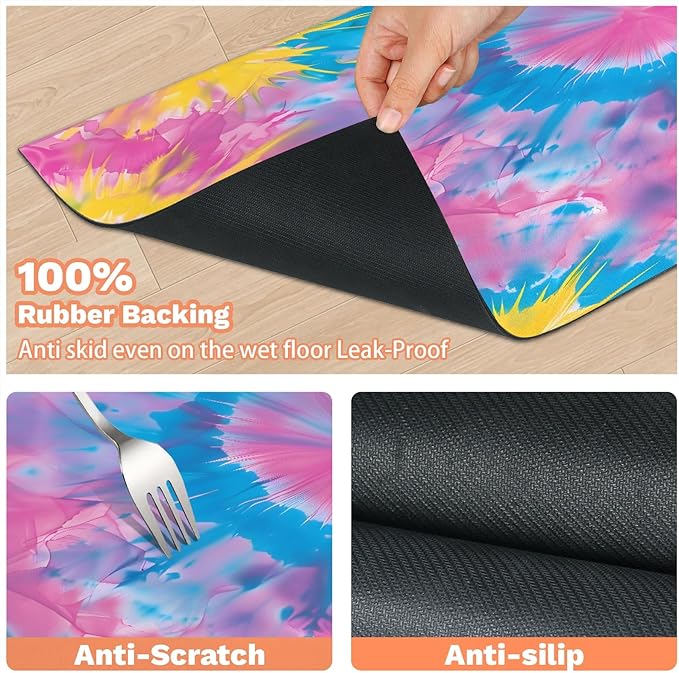 Tie Dye Dog Food Mat for Floors Absorbent, Quick Dry Water Dispenser Mat for Food, Water, Pet Supplies 12" x 20", Pink Yellow Blue