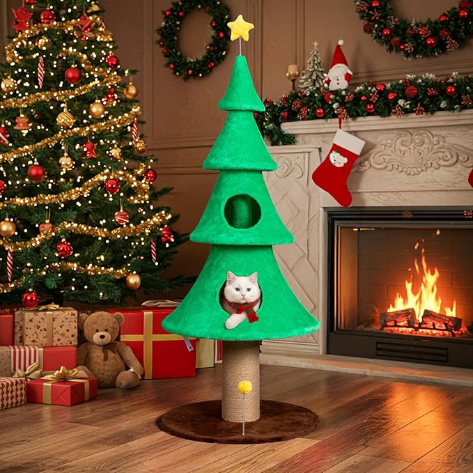 Outvita 59in Large Tall Christmas Tree Cat Tower with 2 Cat Condos & Scratching Post, Soft Fleece Cat Tree with Teaser Toy & Sturdy Base & Built-in Openings for Indoor Cats, Green