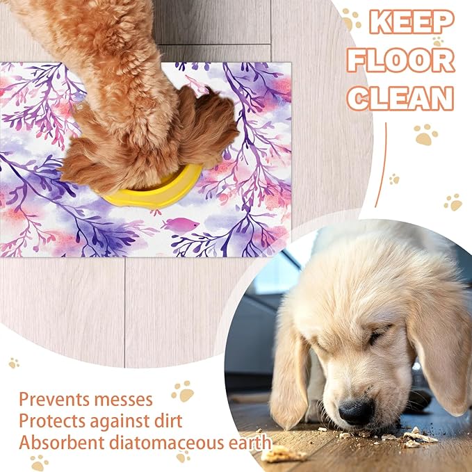 Coastal Dog Food Mat for Floors Absorbent Dog Bowl Mat for Food and Water Dispenser Quick Dry Cat Food Placemat Pet Supplies 16" x 24", Watercolor Coral