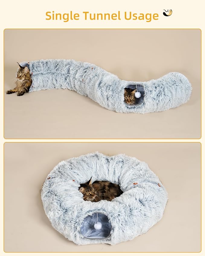 3-in-1 Cat Toys, 34'' Tall Cat Scratching Post with Donut Tunnel, Fluffy Plush Peekaboo Cave for Indoor Pets Such as Kittens, Puppies, Rabbits, and Ferrets