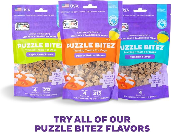 Outward Hound by Nina Ottosson Puzzle Bitez USA Made Dog Treats, Apple Bacon Flavor, Bite-Sized Training Reward and Interactive Puzzle Toy Treats, 7.5oz