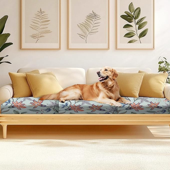 HANDONTIME 8Pcs Outdoor Patio Cushion Covers Boho Floral Stretch Couch Cushion Cover Chic Patio Couch Slipcover for Outdoor/Indoor Washable Non-Slip Furniture Protector for Pet (Blue, Cover Only)