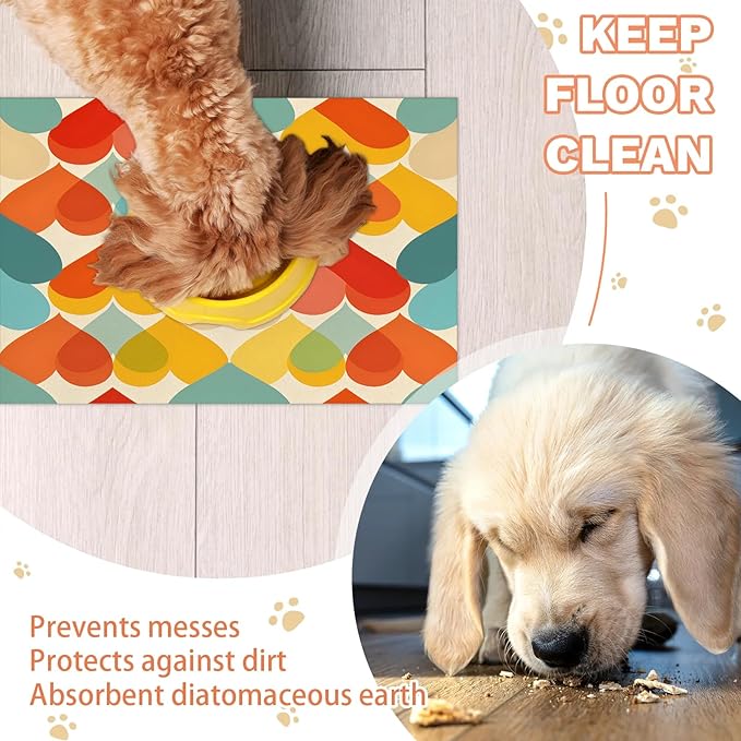 Love Dog Food Mat for Floors Absorbent, Quick Dry Water Dispenser Mat for Food, Water, Pet Supplies 17" x 30", Colorful Heart