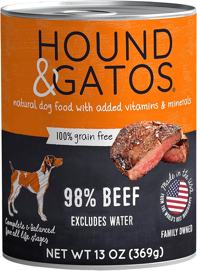 Hound & Gatos Wet Dog Food, 98% Beef, case of 12, 13 oz cans