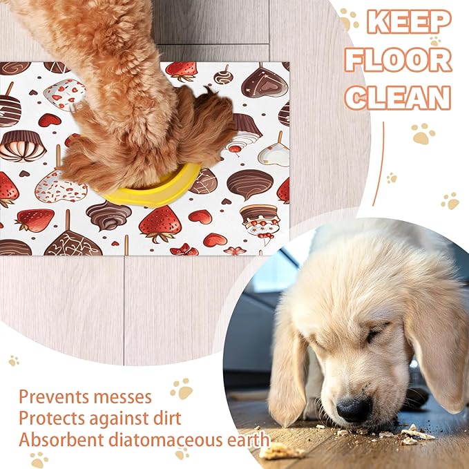 Chocolate Cake Dog Food Mat for Floors Absorbent Dog Bowl Mat for Food and Water Dispenser Quick Dry Cat Food Placemat Pet Supplies 24" x 32", Strawberry Print
