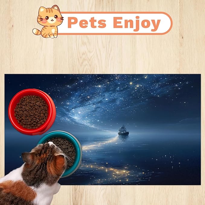 Sea Dog Food Mat for Floors Absorbent, Quick Dry Water Dispenser Mat for Food, Water, Pet Supplies 16" x 24", Night Sky Stars