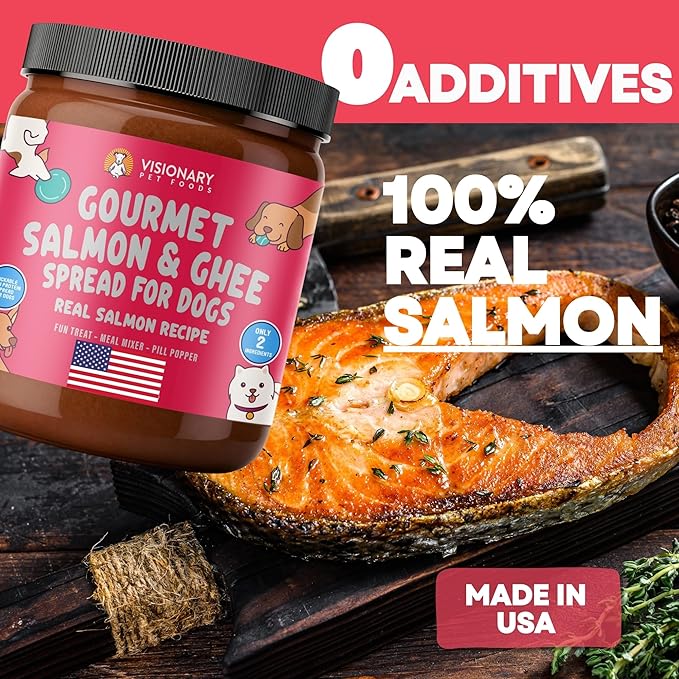 Visionary Pet Foods Salmon and Ghee Meat Spread, Dog Safe - Natural Peanut Butter Alternative - Digestive Support, No Additives - Meal Topper or Lick Mat Treat - 12oz Jar