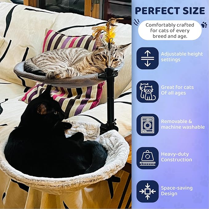 2-Tier Large Cat Desk Bed with Dual Hammocks | Ultra-Soft Removable Fur & Breathable Mesh Pads | Desk-Mounted Perch for One or Multiple Cats | Bonus Feather Toy Included