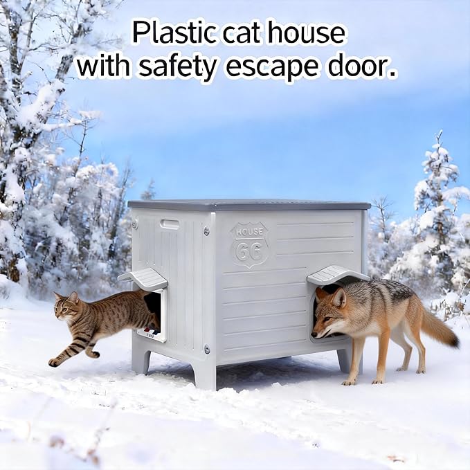Weatherproof Insulated Outdoor Cat House with Mat for Feral Cat, Plastic Elevated Cat Shelter with Escape Door, Easy Assemble, Expansive Interior‌ Grey 27.0" L x 27.0" W x 21.0" H