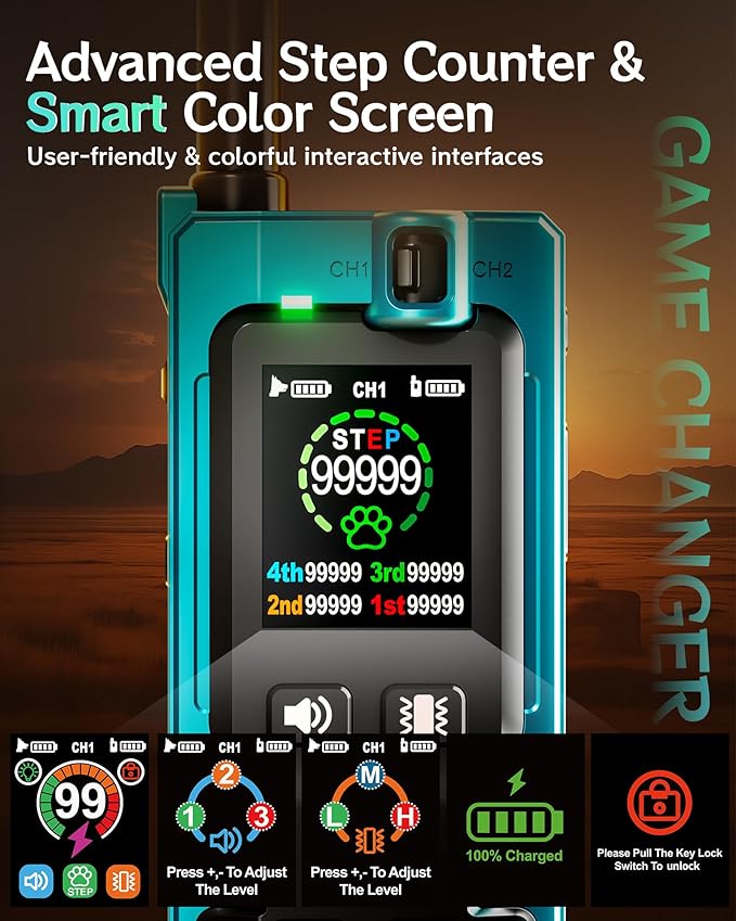 Dog Shock Collar for 2 Dogs 4200FT: Innovative Step Counter & Smart Color Screen Dog Training Collar with Remote 5 Modes, IP67 Waterproof Rechargeable Ecollars for Large Medium Small Dogs