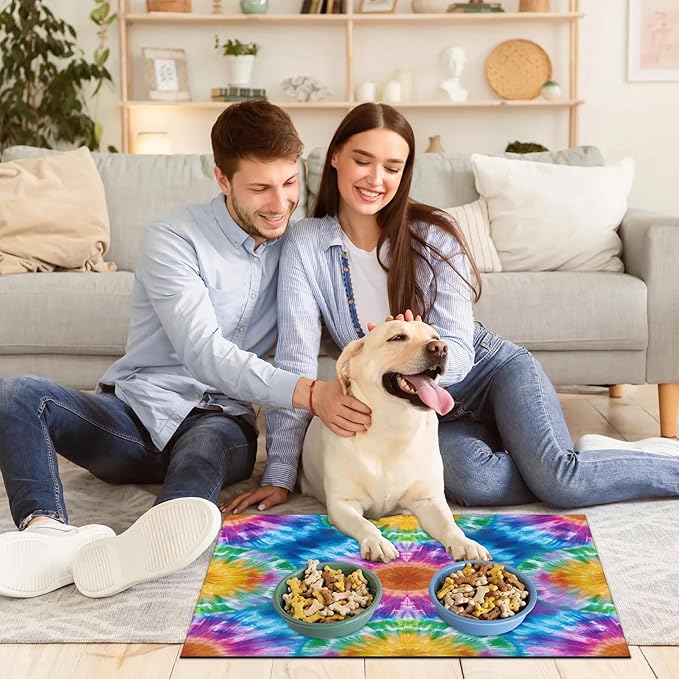 Tie Dye Dog Food Mat for Floors Absorbent, Quick Dry Water Dispenser Mat for Food, Water, Pet Supplies 16" x 24", Colorful Abstract