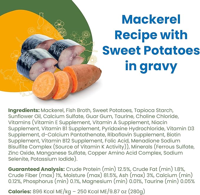 almo nature HQS Complete CAT Wet Cat Food Mackerel Recipe with Sweet Potatoes in Gravy - Grain-Free Cat Food Canned, 9.87 oz (Pack of 24)