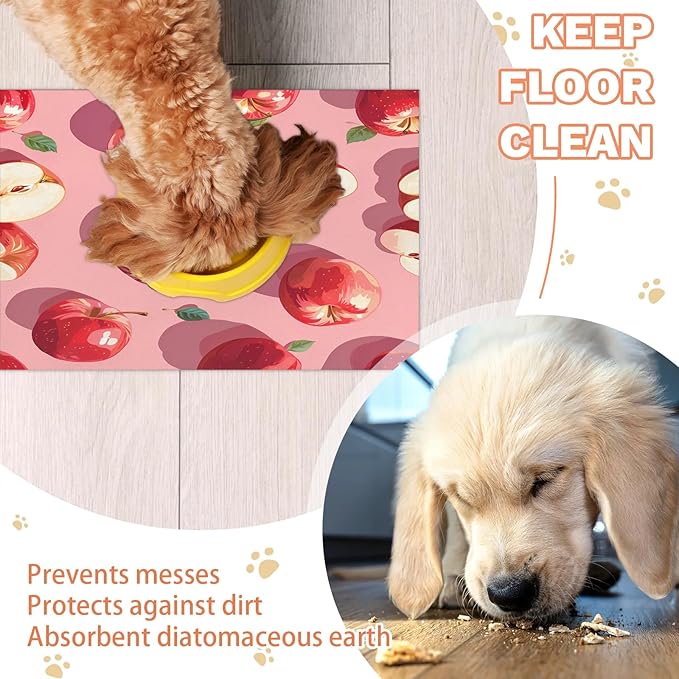 Red Apples Dog Food Mat for Floors Absorbent Dog Bowl Mat for Food and Water Dispenser Quick Dry Cat Food Placemat Pet Supplies 24" x 32", Green Leaves