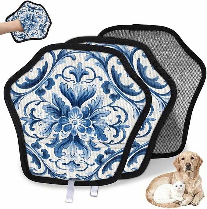 Reusable Pet Hair Removal Glove Floral Themed Magic Brush for Cat & Dog Hair Remover for Car, Sofa, Bedding, Clothes - 9x9 Mitt Washable