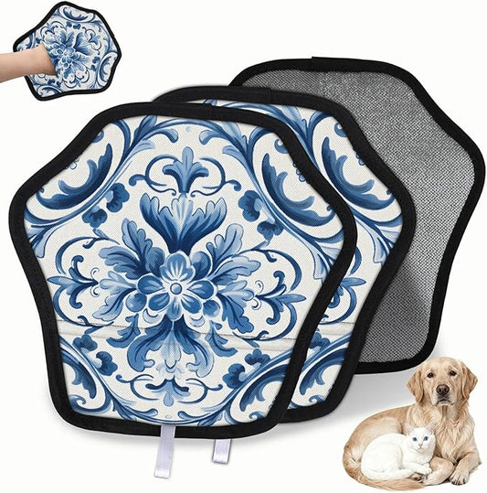 Reusable Pet Hair Removal Glove Floral Themed Magic Brush for Cat & Dog Hair Remover for Car, Sofa, Bedding, Clothes - 9x9 Mitt Washable