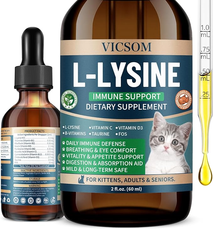Cat L-lysine Supplement for Cats, Liquid Lysine for Cats - Immune Support Lysine Drops for Feline Respiratory, Sneezing, Runny Nose, Eye Function, Natural Strengthen Defenses, Chicken Flavor 60 ML