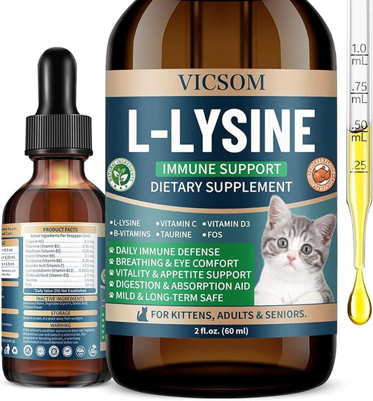 Cat L-lysine Supplement for Cats, Liquid Lysine for Cats - Immune Support Lysine Drops for Feline Respiratory, Sneezing, Runny Nose, Eye Function, Natural Strengthen Defenses, Chicken Flavor 60 ML