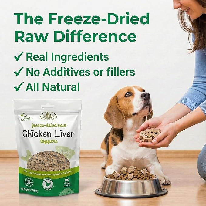Fieldcrest Farms Chicken Liver Toppers – All-Natural Freeze-Dried Dog Food Topper or Treat, Single Ingredient, Raw & Grain-Free, 12 oz.
