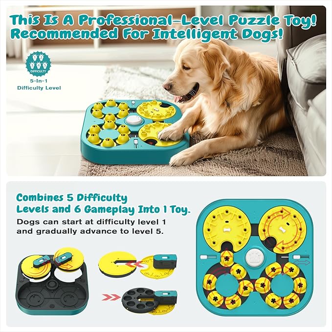 KADTC 5 Levels of Step-by-Step Challenge - 6 Ways to Play - U.S. Brand & Design - Extra-Large Size Beginner to Expert Dog Puzzle Toy for Smart Dogs Hard Puzzles Puppy Difficult Mental Stimulation Toys
