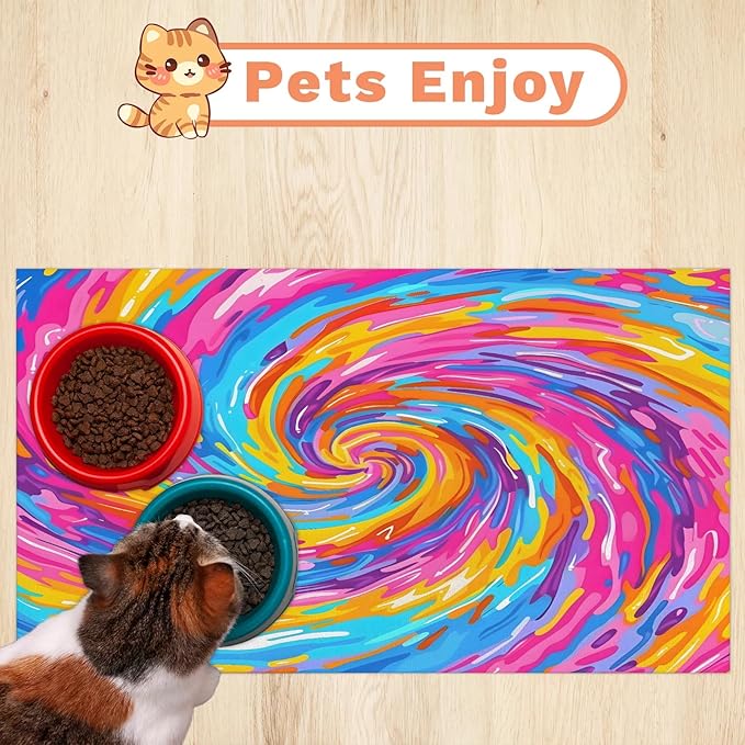 Tie dye Dog Food Mat for Floors Absorbent, Quick Dry Water Dispenser Mat for Food, Water, Pet Supplies 12" x 20", Colorful Boho Rainbow