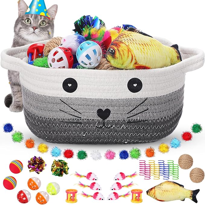 Zopeal 58 Pcs Easter Cat Storage Basket Gift Toys Set, Colorful Flashing Balls Pet Bell Crinkle Balls Spring Toys Attract Cat to Swat, Hunt, Interactive for Pet(Multicolor,9.8 Inch)