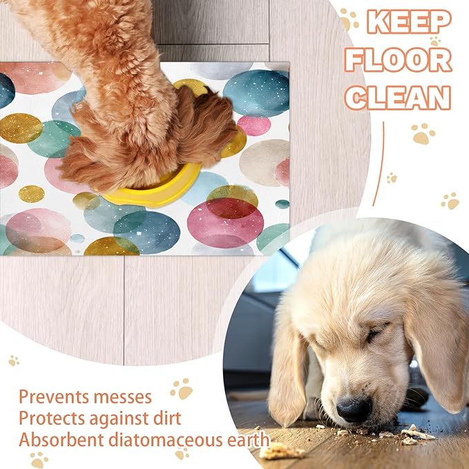 Polka Dot Dog Food Mat for Floors Absorbent Dog Bowl Mat for Food and Water Dispenser Quick Dry Cat Food Placemat Pet Supplies 17" x 30", Watercolor Circle