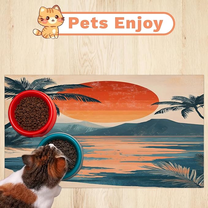 Beach Sunset Dog Food Mat for Floors Absorbent, Quick Dry Water Dispenser Mat for Food, Water, Pet Supplies 24" x 32", Boho Mountain