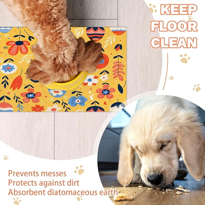 Spring Easter Dog Food Mat for Floors Absorbent Dog Bowl Mat for Food and Water Dispenser Quick Dry Cat Food Placemat Pet Supplies 16" x 24", Egg Flower