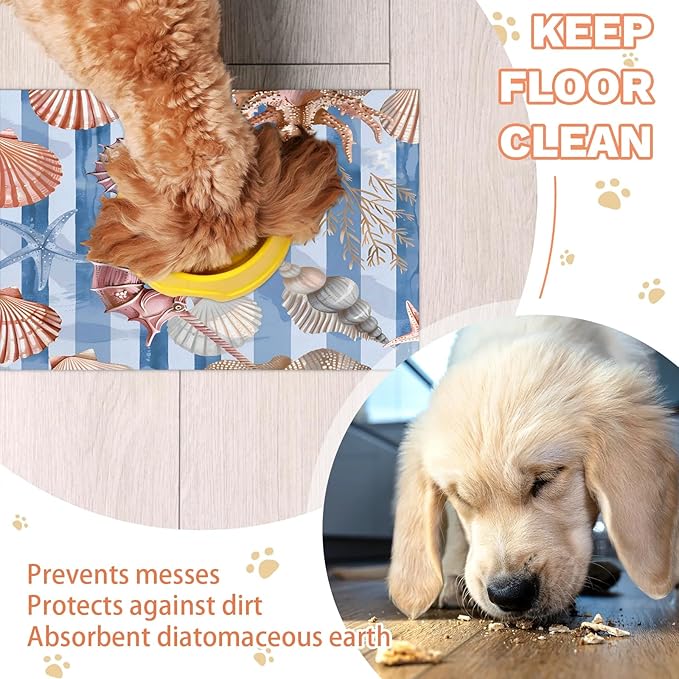 Shell Seahorse Dog Food Mat for Floors Absorbent Dog Bowl Mat for Food and Water Dispenser Quick Dry Cat Food Placemat Pet Supplies 17" x 30", Blue White Lines