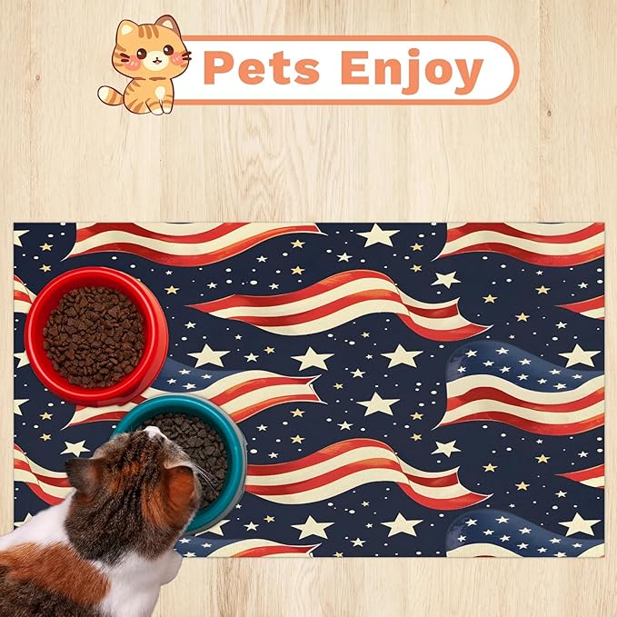 4th of July Dog Food Mat for Floors Absorbent Dog Bowl Mat for Food and Water Dispenser Quick Dry Cat Food Placemat Pet Supplies 17" x 30", Galaxy Star