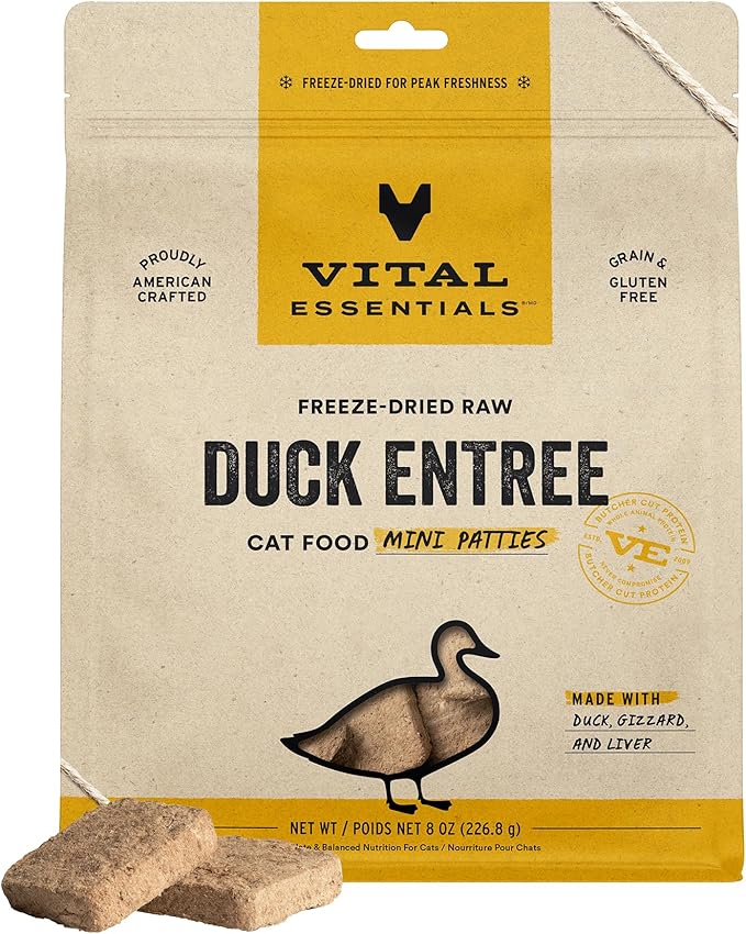 Vital Essentials Freeze Dried Cat Food, Raw Duck Mini Patties | Complete Meal or Topper | Easy to Portion and Rehydrate | High Protein, Grain Free Dry Cat Food | 8 oz Bag
