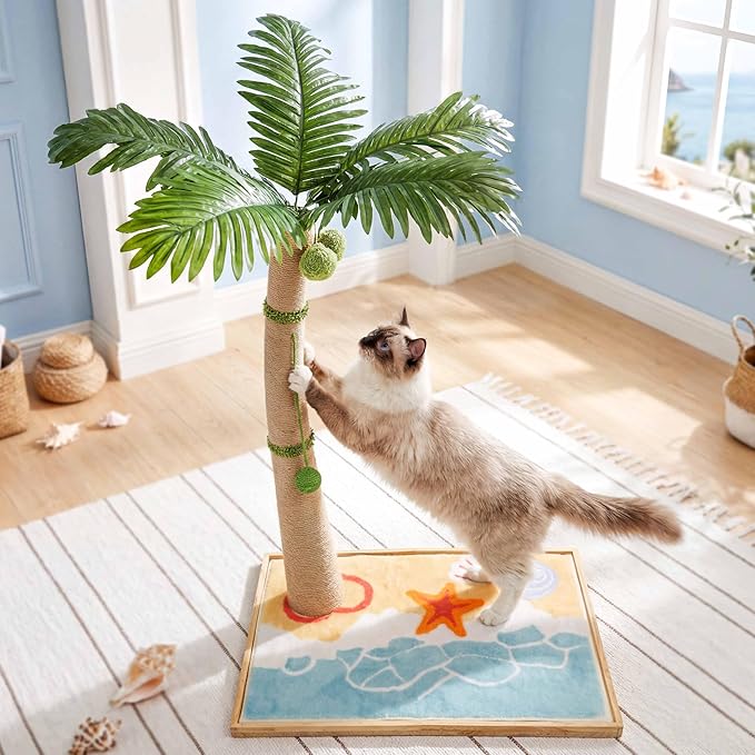 Palm Tree Cat Scratching Post, 43" Tall Carpet Cat Scratcher with Perch for Indoor Cats, Large Base Sisal Scratch Post for Adults & Kittens with Dangling Ball Toy