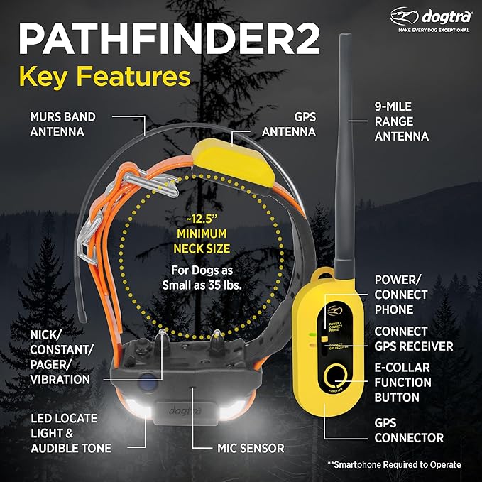 Dogtra Pathfinder 2 GPS Tracker e Collar + Titanium Contact Points 3/4" | 9 Mile, LED Light, No Monthly Fees, Waterproof, Smartwatch Control, Satellite Tracking, Multiple Dogs, Smartphone Required