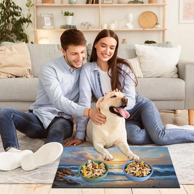 Beach Sunshine Dog Food Mat for Floors Absorbent, Quick Dry Water Dispenser Mat for Food, Water, Pet Supplies 16" x 24", Hawaii Seashore