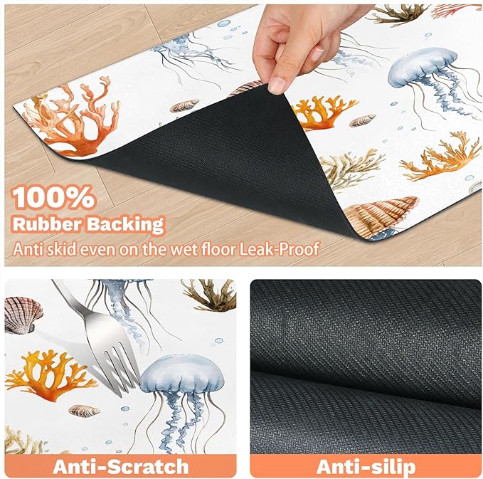 Sea Jellyfish Dog Food Mat for Floors Absorbent Dog Bowl Mat for Food and Water Dispenser Quick Dry Cat Food Placemat Pet Supplies 24" x 32", Coral Coastal