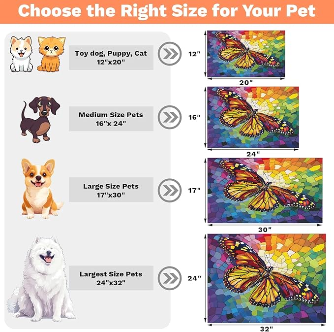 Rainbow Butterfly Dog Food Mat for Floors Absorbent, Quick Dry Water Dispenser Mat for Food, Water, Pet Supplies 12" x 20", Colorful Butterflies