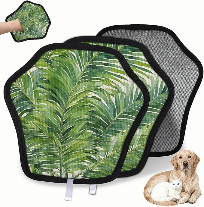 Palm Leaf Watercolor Electrostatic Pet Hair Removal Glove for Cats & Dogs - Reusable Grooming Mitt for Couch, Carpet, Car Seat & Laundry - Large 9x9 Inch