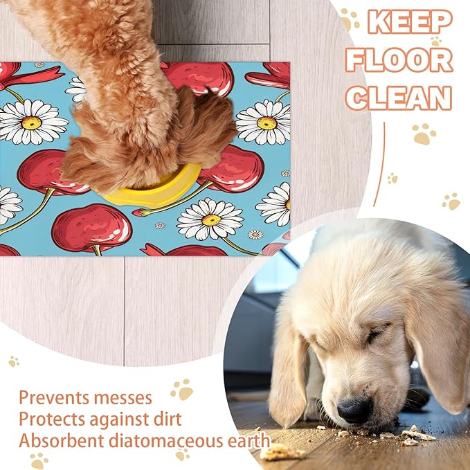 Cherry Dog Food Mat for Floors Absorbent Dog Bowl Mat for Food and Water Dispenser Quick Dry Cat Food Placemat Pet Supplies 12" x 20", Daisy Flowers
