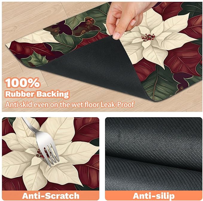 Christmas Flower Dog Food Mat for Floors Absorbent, Quick Dry Water Dispenser Mat for Food, Water, Pet Supplies 16" x 24", Red White Poinsettias