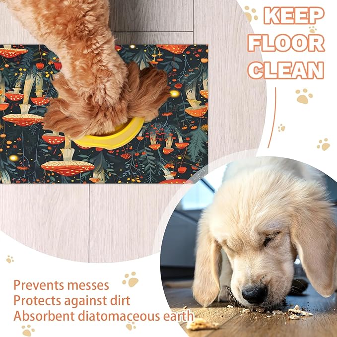 Red Mushroom Dog Food Mat for Floors Absorbent Dog Bowl Mat for Food and Water Dispenser Quick Dry Cat Food Placemat Pet Supplies 17" x 30", Green Leaf