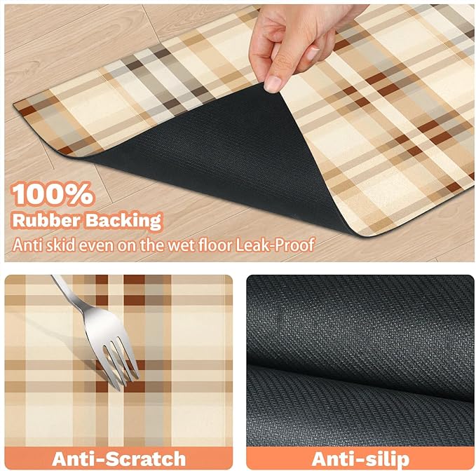Plaid Dog Food Mat for Floors Absorbent, Quick Dry Water Dispenser Mat for Food, Water, Pet Supplies 17" x 30", Vintage Buffalo