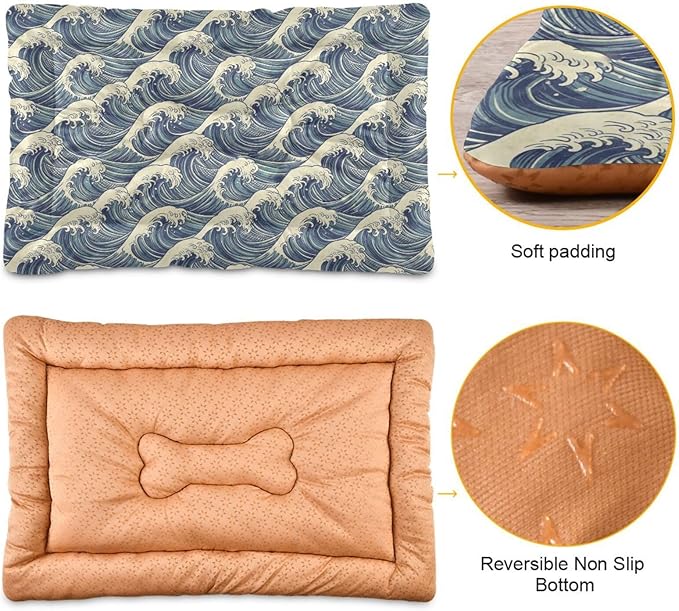 Dog Bed for Crate Washable Pet Sleep Pad, Kanagawa Reimagined Kennel Mat with Non-Slip Bottom, Soft Fluffy Supplies Pet for Dogs and Cats (36x24 inch)