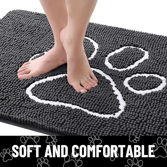 Smiry Dog Door Mat for Muddy Paws, Absorbent Dirt Trapper Non Slip Quick Dry Washable Chenille Mat for Mud Dogs, Entry Rug for Indoor and Outdoor (45x27 Inches, Dark Grey and White)