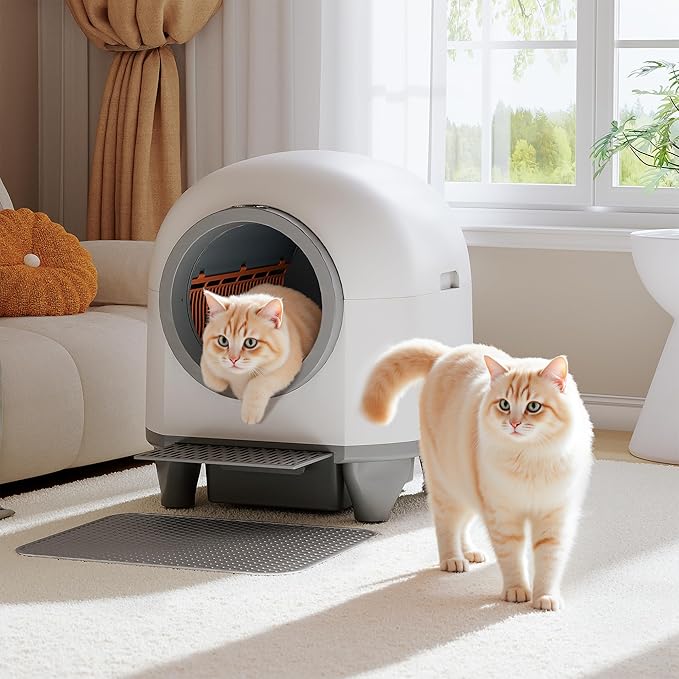 WARCAT Self Cleaning Litter Box Automatic, 90 L Automatic Cat Litter Box for Multiple Cats APP-Controlled with Smart Sensors, Safety Protection,Mat,1 Roll Garbage Bag (Gray)
