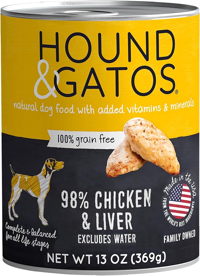 Hound & Gatos Wet Dog Food, 98% Chicken & Liver, case of 12, 13 oz cans