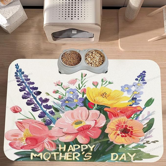 Dog Food Mats for Floors Absorbent Pet Cat Food Mat Happy Mother's Day Floral Gift Mom Lavender Non Slip Dogs Bowl Mats for Water Dog Placemats Feeding Mat Pet Supplies 18X12In