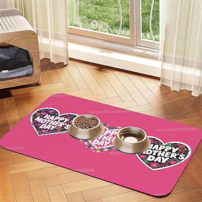 Dog Food Mat Happy Mother's Day Floral Heart Gift for Mom Bv Absorbent Water Bowl Mats Cat Pet Feeding Placemats 24x16In